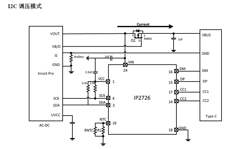 IP2726快充協(xié)議芯片I2C調(diào)壓模式示意圖